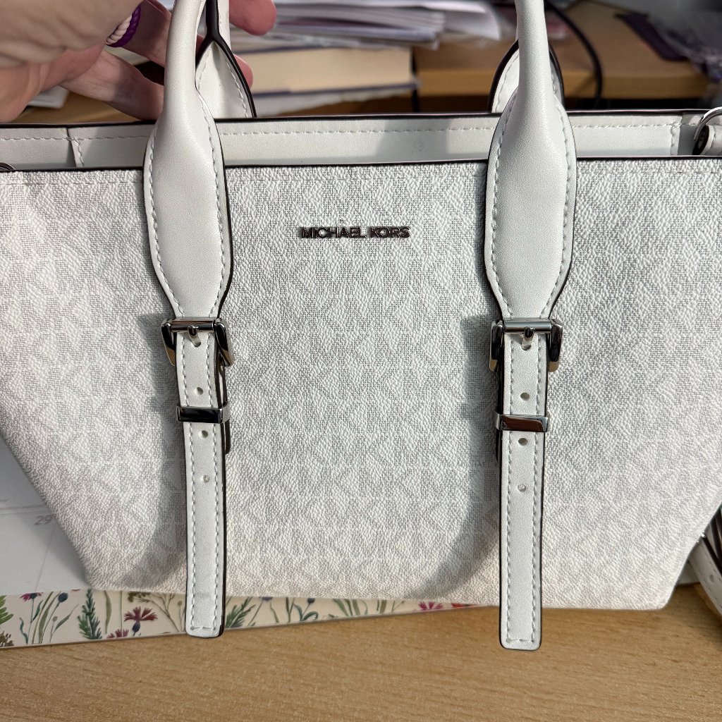 Michael Kors Moore Small Satchel , Optic White/Aluminum Used